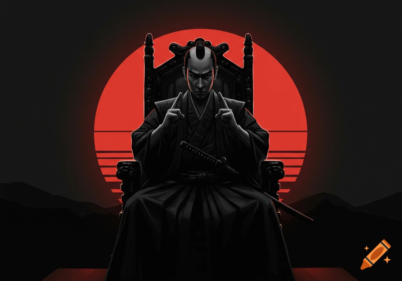 A stylized illustration of a samurai figure sitting on a throne before a large red sun, in a dark, dramatic style.