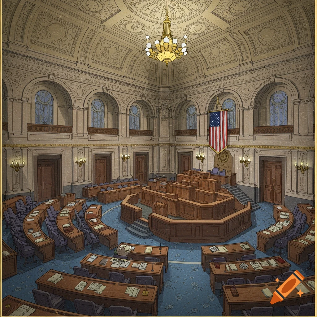 An empty US Senate chamber interior with ornate details.