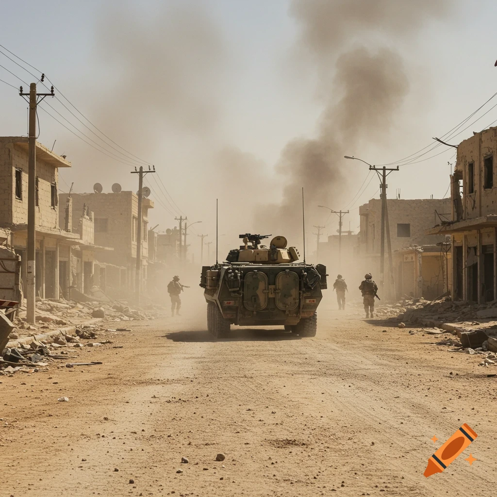 Military vehicle and soldiers advance down a dusty, rubble-strewn street in a war-torn town, smoke in the background, photorealistic.