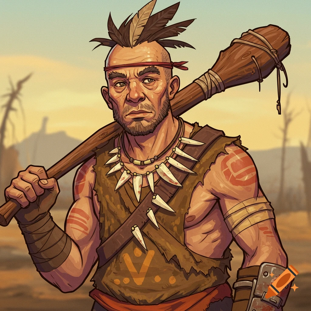 A tribal warrior holding a club in a wasteland.