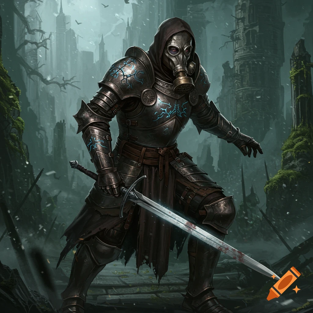 A fantasy warrior in dark armor and gas mask holds a bloody sword in a ruined city.