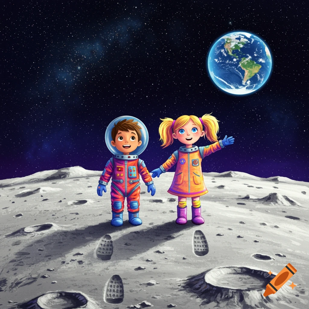 Two children in spacesuits stand on the moon, with Earth visible in the distance.
