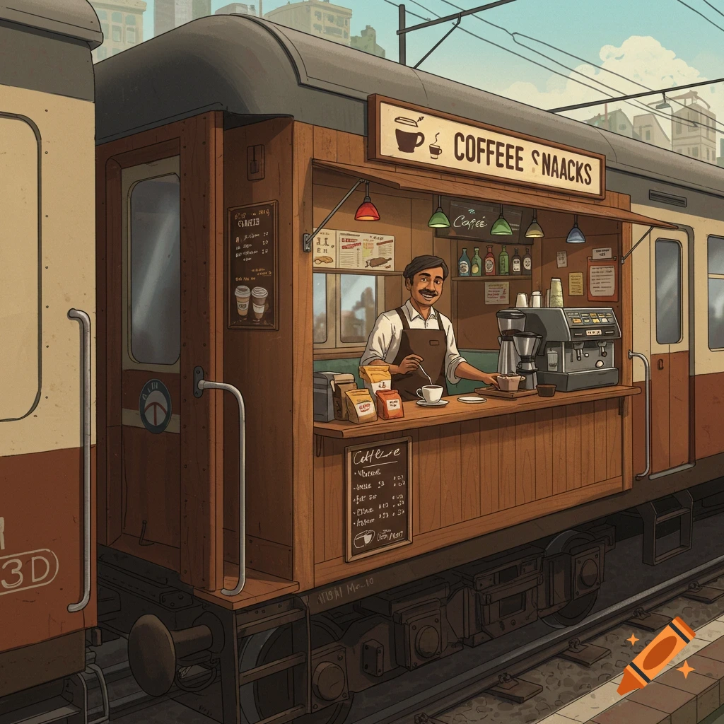 A man serving coffee from a coffee stand built onto a train car.