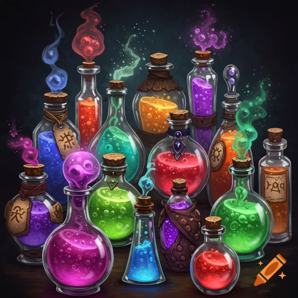 A collection of colorful potions in various bottles.