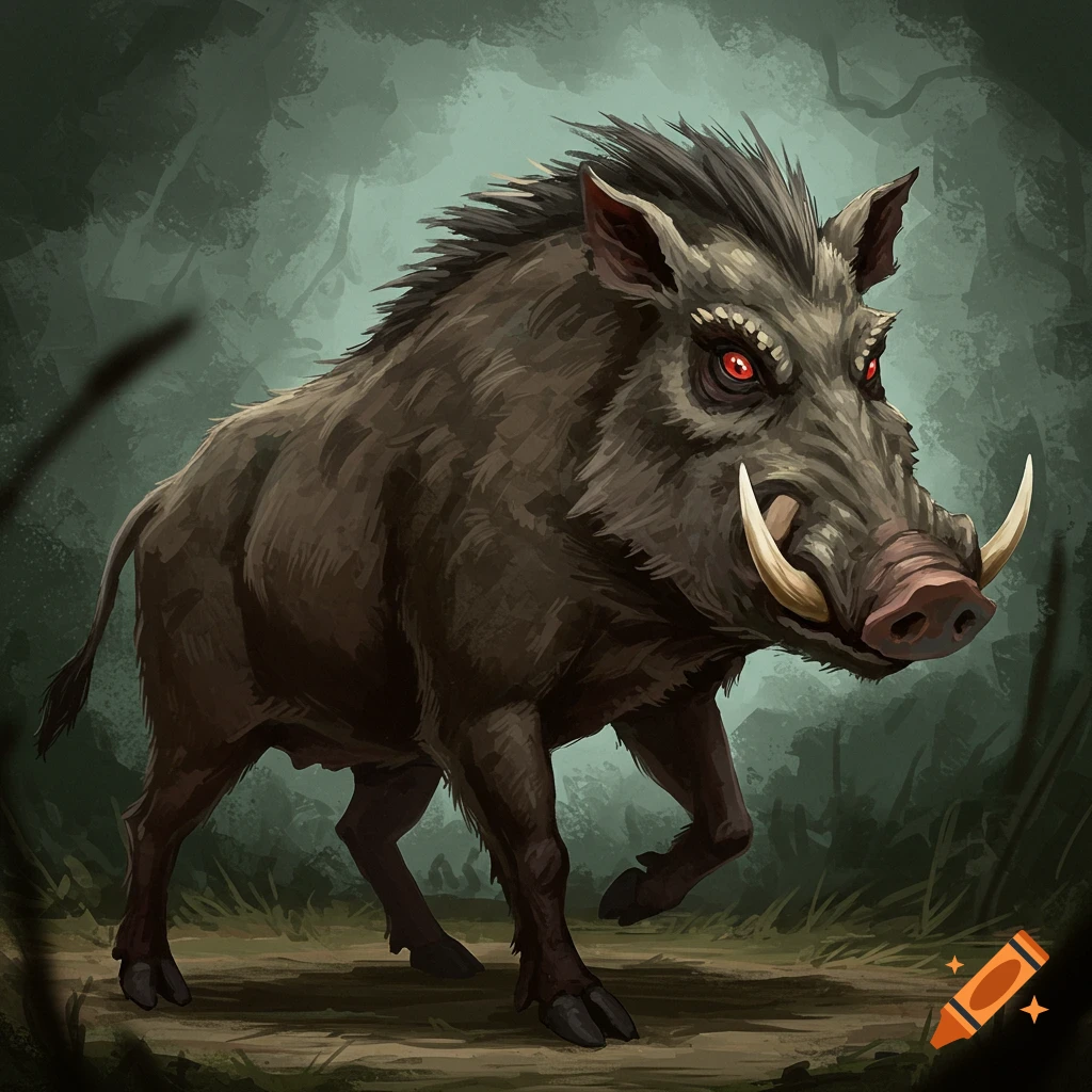 A monstrous boar with red eyes standing in a forest.