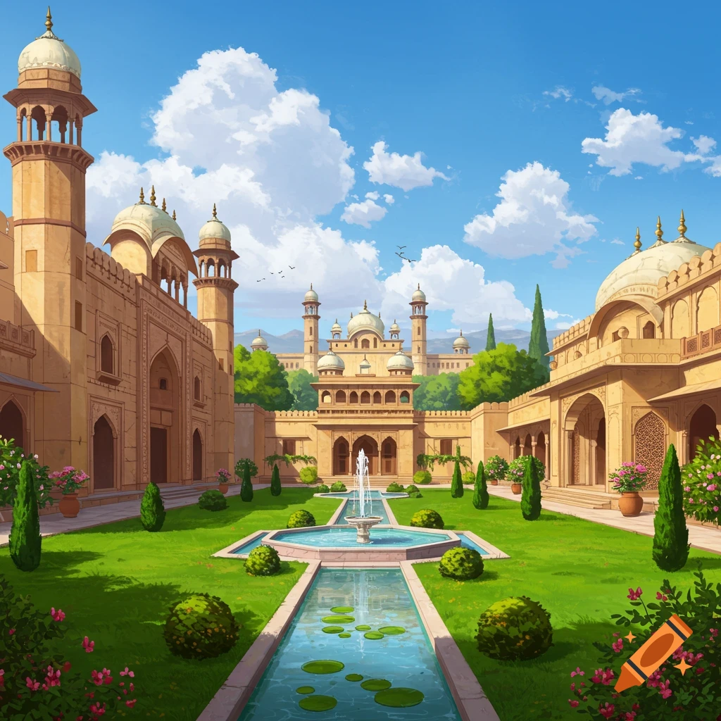 An ornate palace garden with a central fountain, lush green lawn, flowers, and cypress trees.