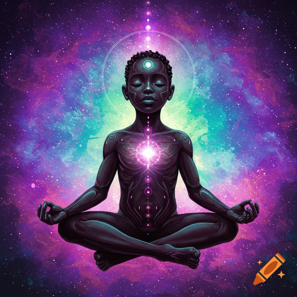 A figure is meditating cross-legged, floating in colorful space with nebulae and bright cosmic light.