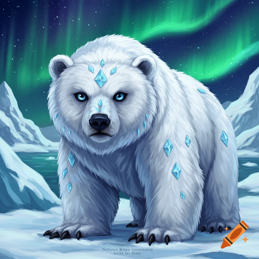 A white polar bear with blue crystals in its fur, standing in a snowy arctic landscape under a green aurora.