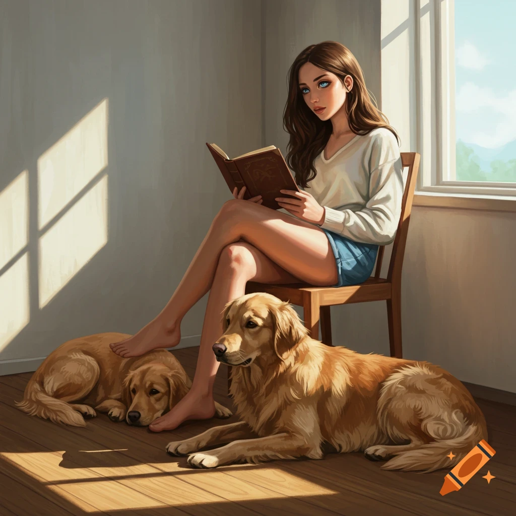 A woman is reading with two golden retrievers.