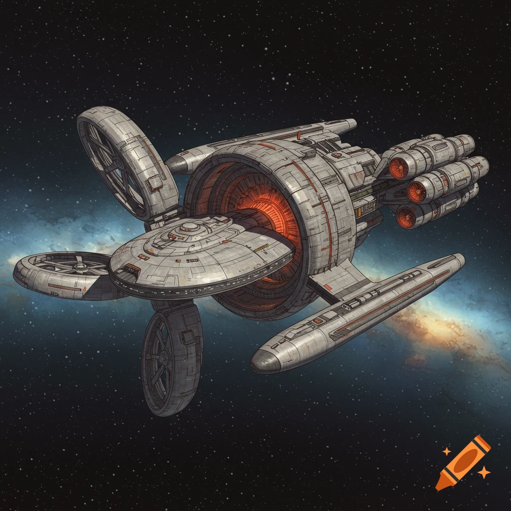 A detailed starship with rotating rings, a central core, and thrusters in space with stars and a nebula.