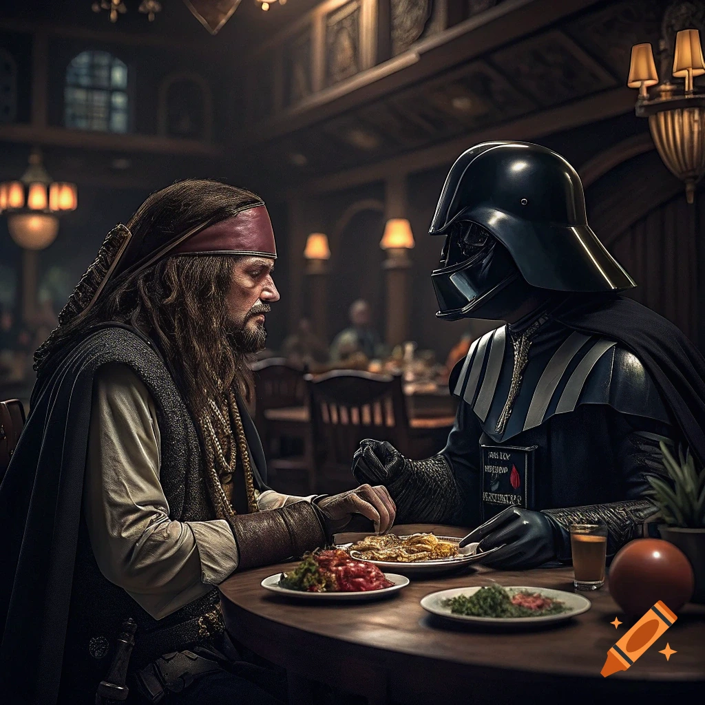 Jack Sparrow and Darth Vader having dinner in a restaurant.