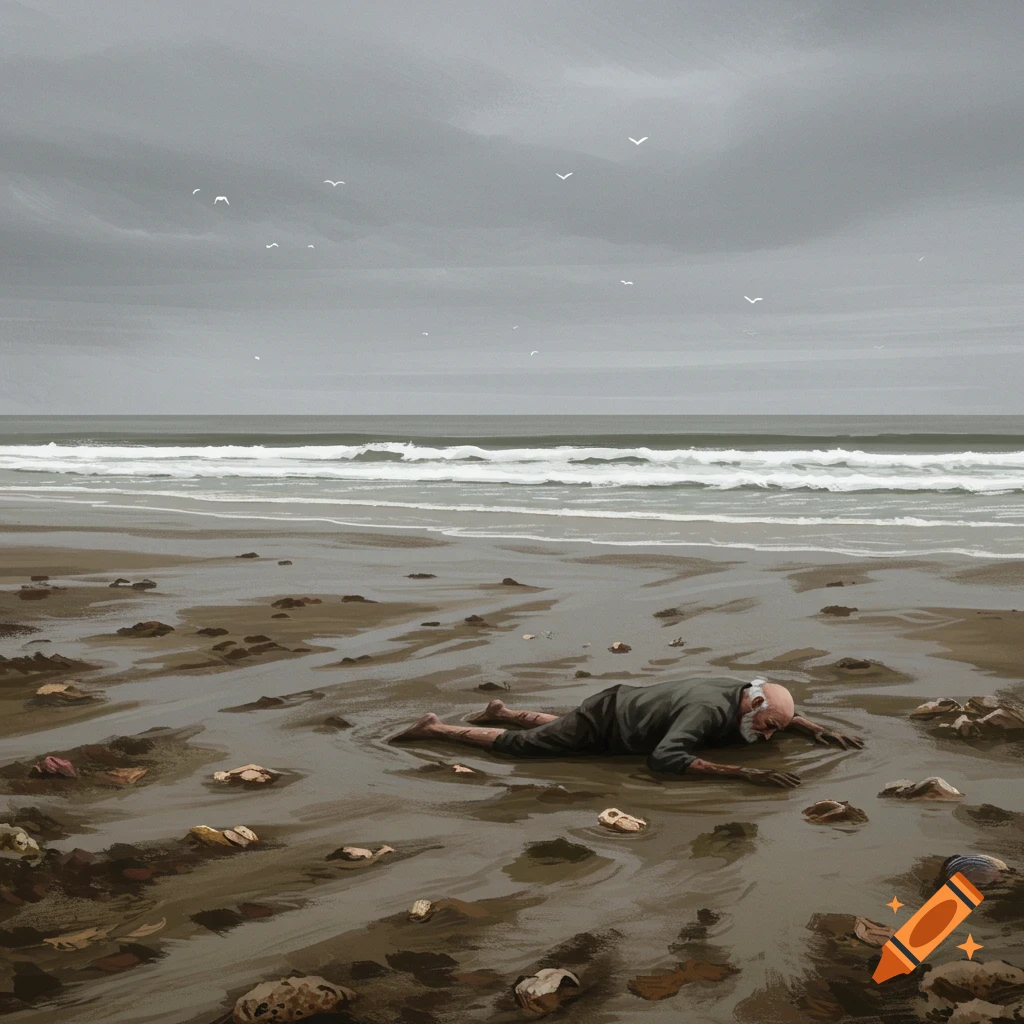 A person lies face down on a muddy beach under a grey sky.