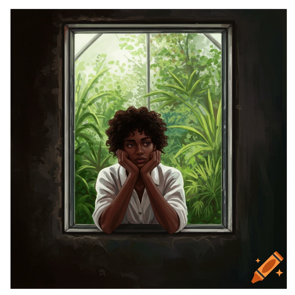 A person looking out a window at lush greenery