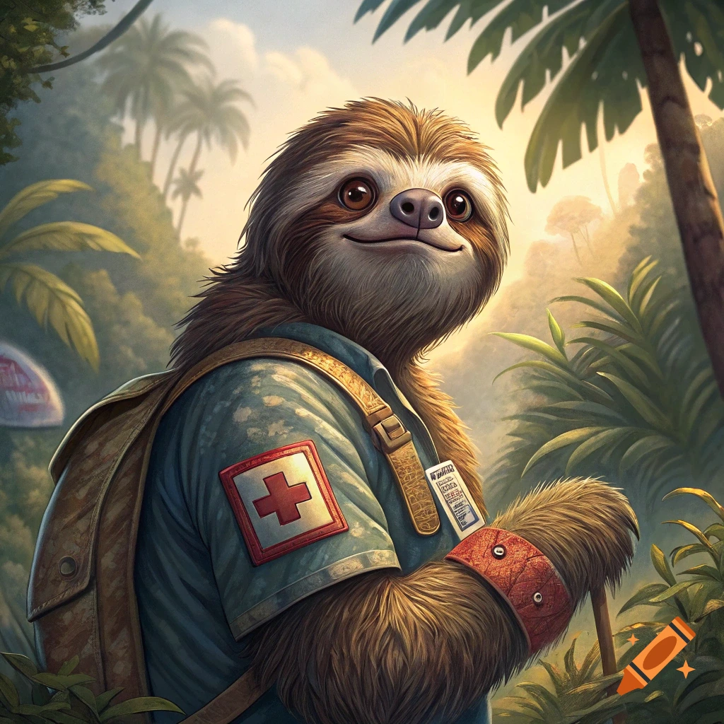 A smiling illustrated sloth wearing a backpack and medic patch stands in a lush forest.
