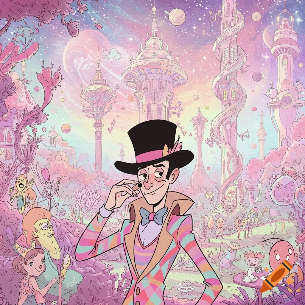 A cartoon illustration of a dandy man in a striped suit and top hat smiling in a vibrant, whimsical fantasy world with futuristic towers, plants, and creatures under a starry sky.