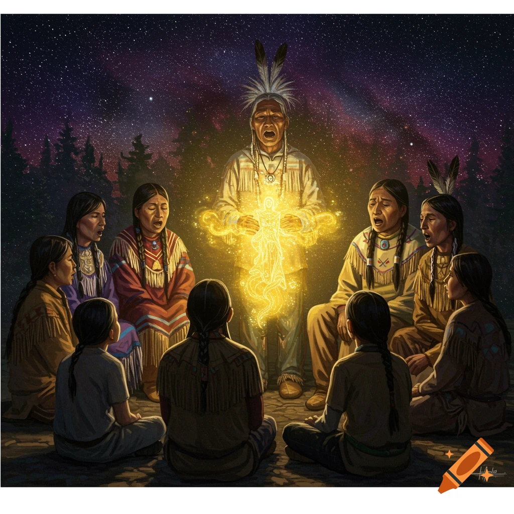 Digital art of indigenous people singing in a circle under a starry sky with a glowing spiritual figure.