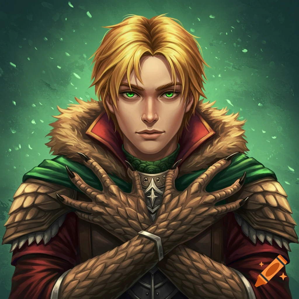 A fantasy character with blonde hair, green eyes, and dragon talon hands, wearing medieval clothing.