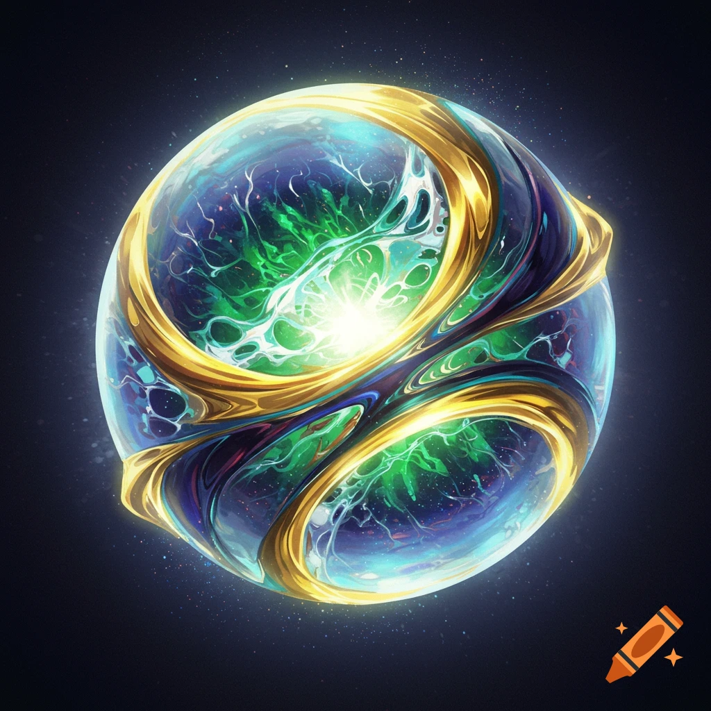 A vibrant, glowing orb with swirling blue and green energy wrapped in golden bands against a dark, starry background.