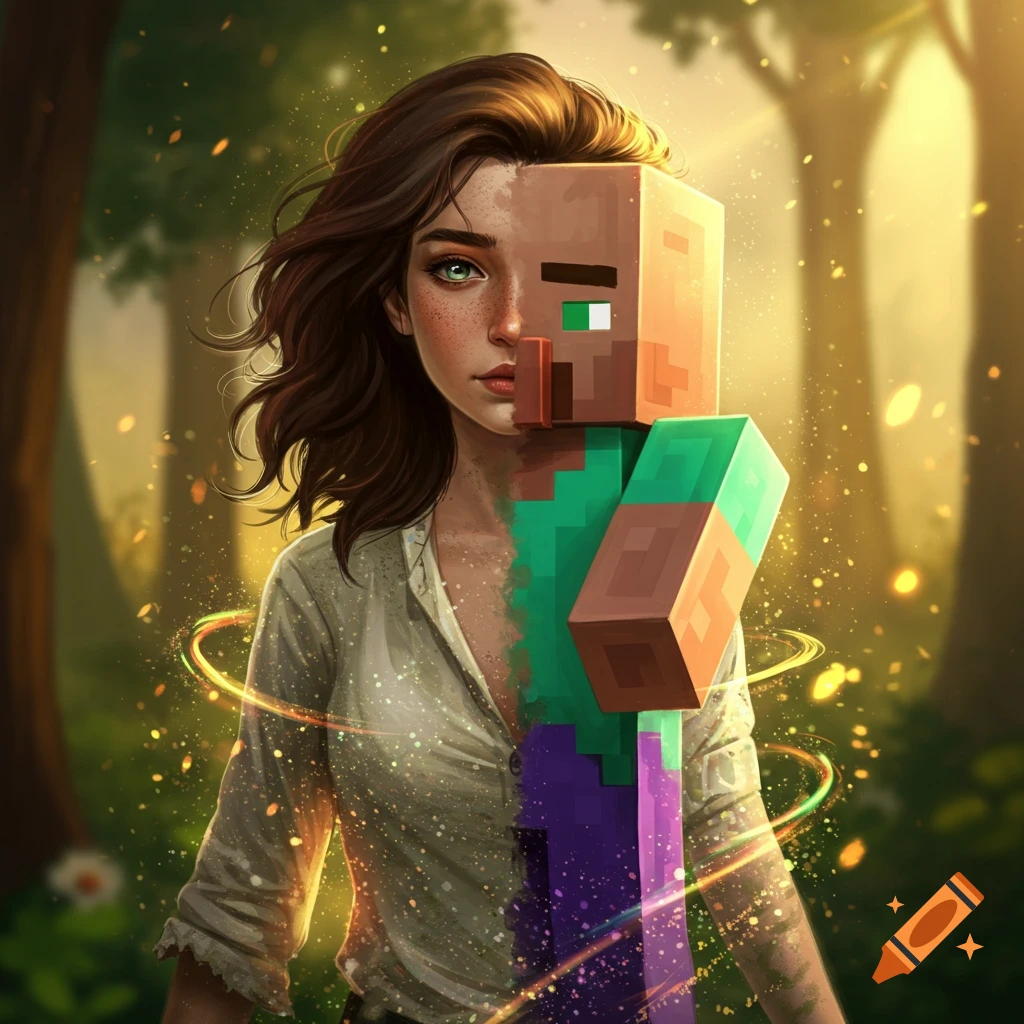 A person is split into a human and a Minecraft villager, in a forest with glowing light.