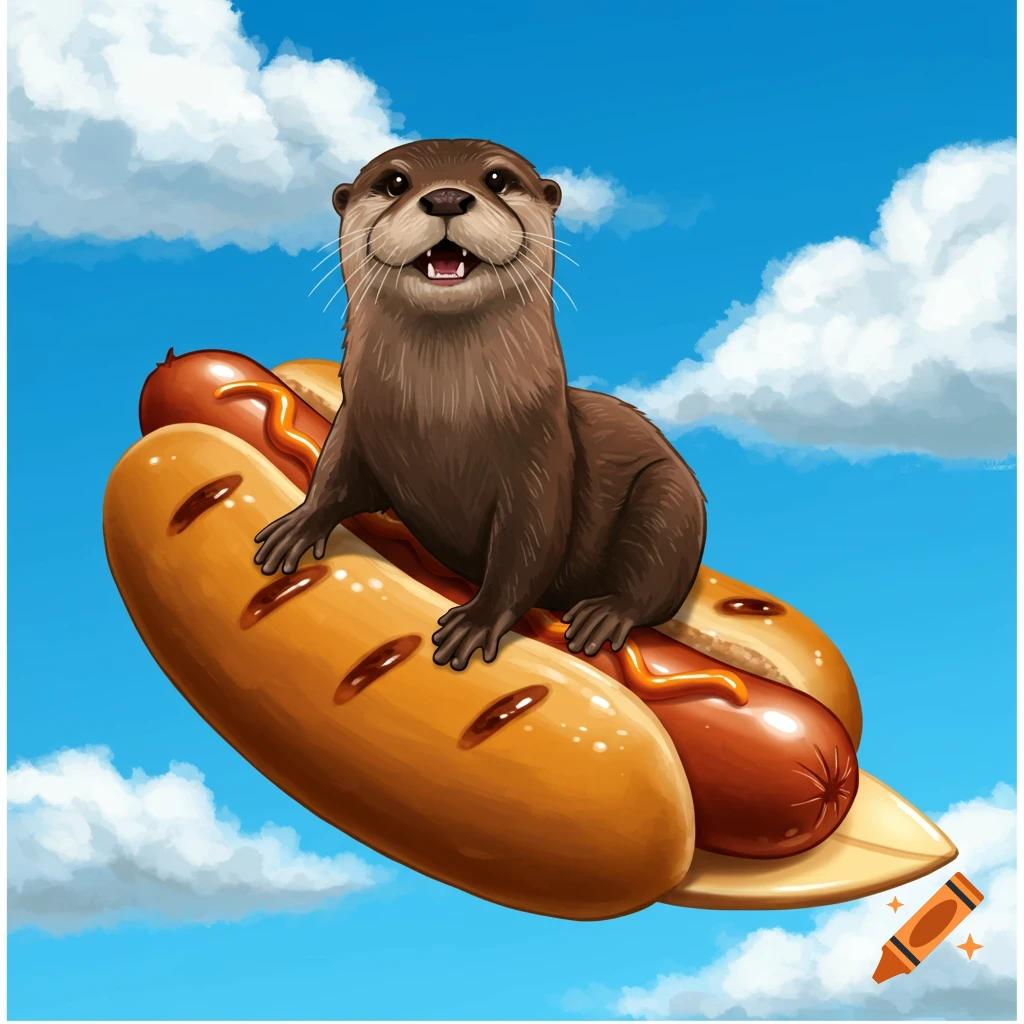 An otter surfing on a hot dog in a blue sky with clouds.
