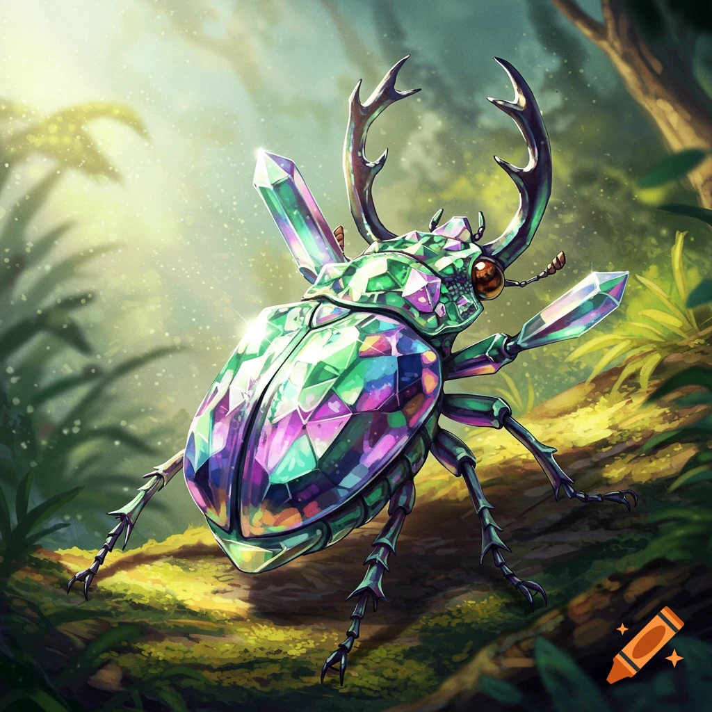 A multifaceted crystal beetle sits on a mossy branch in a sunlit forest.