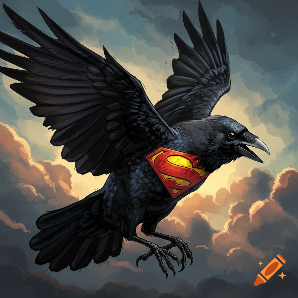 A black crow flying through clouds with a Superman symbol on its chest.