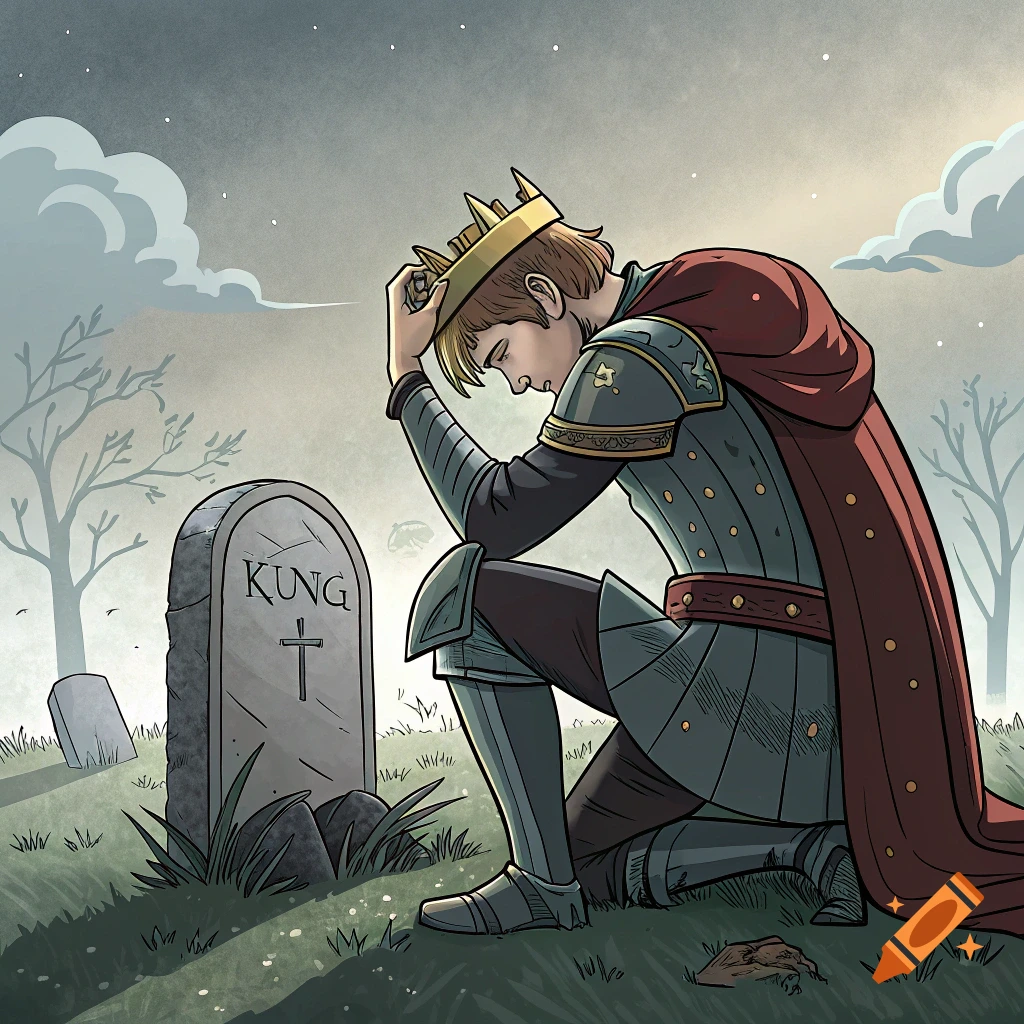 Stylized illustration of a king kneeling at a tombstone in a cemetery.