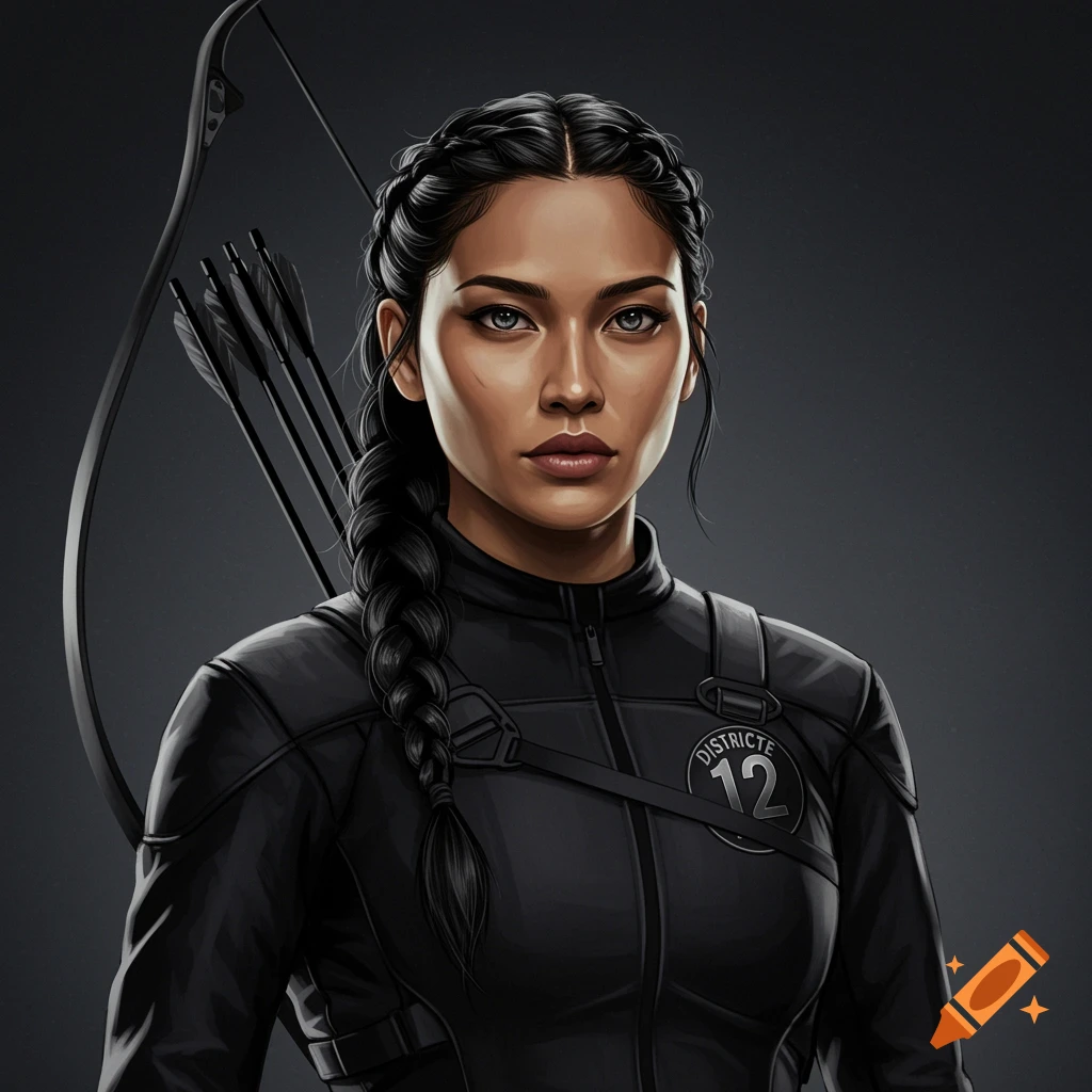 A woman with a braid, black suit, bow, arrows, and a 'District 12' logo.