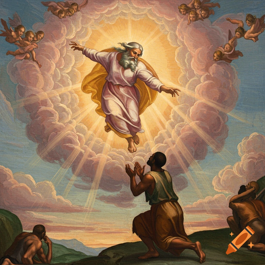 God reaching down to a kneeling man with angels above.