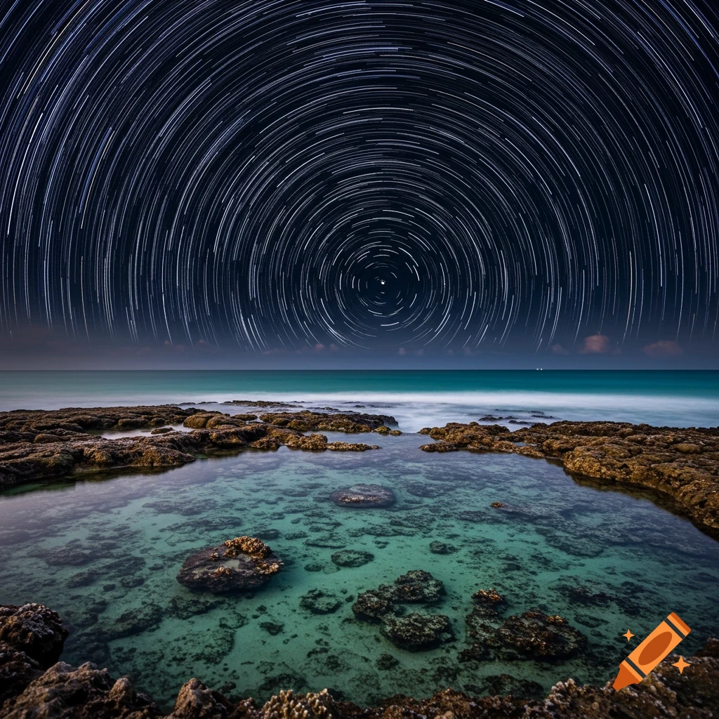 Star trails arc over a clear tidal pool and rocky coast with the ocean in the background.