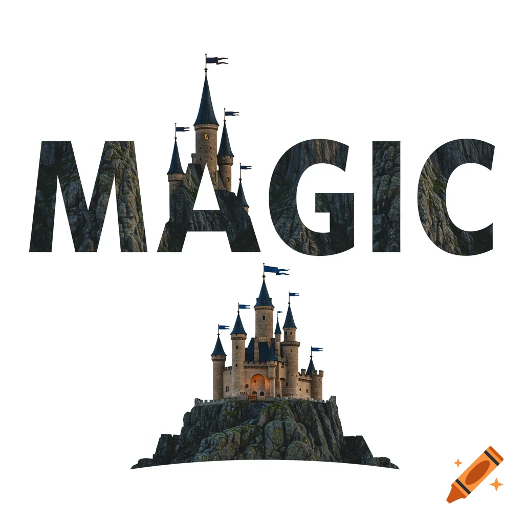 The word MAGIC in large block letters, with a castle in place of the A, blended into the letters M and G. A second castle sits on a rocky hill below.