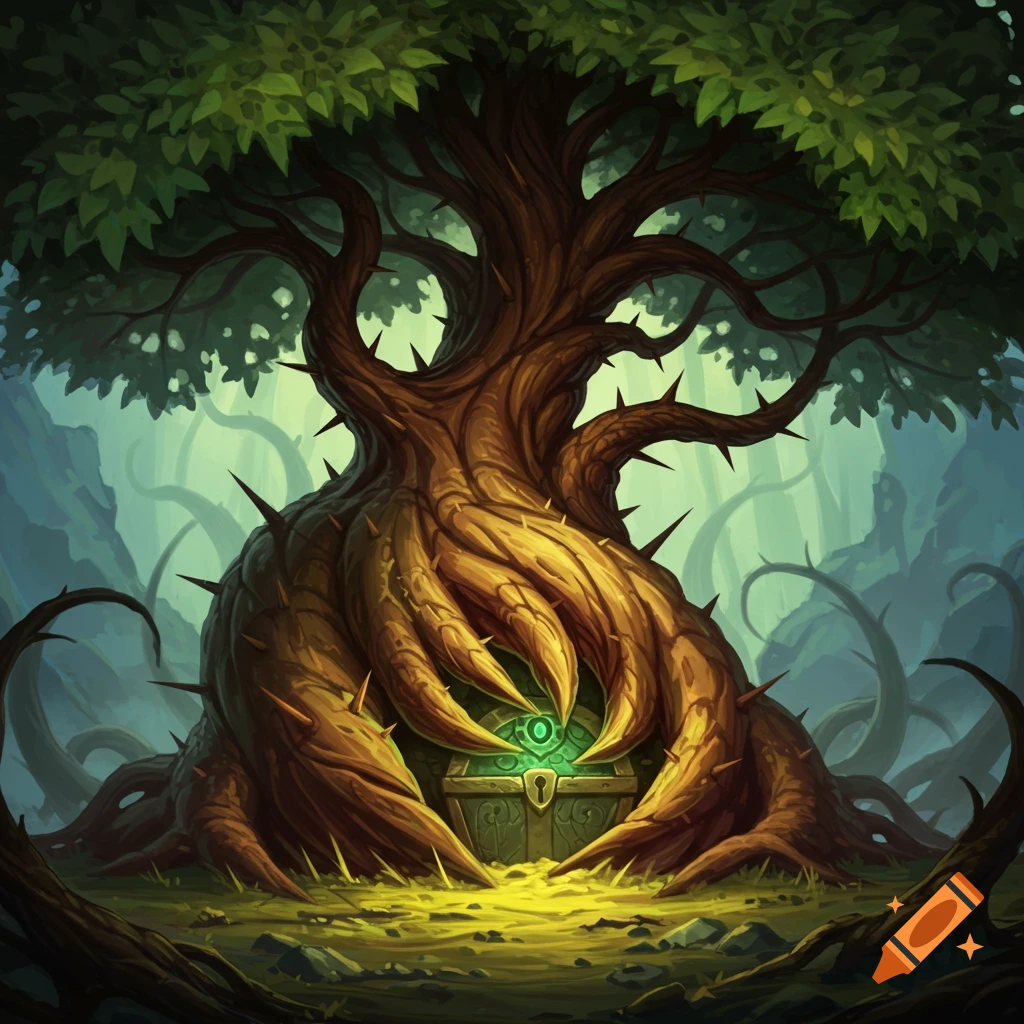 A thorny tree with roots like claws guarding a glowing treasure chest in a forest.