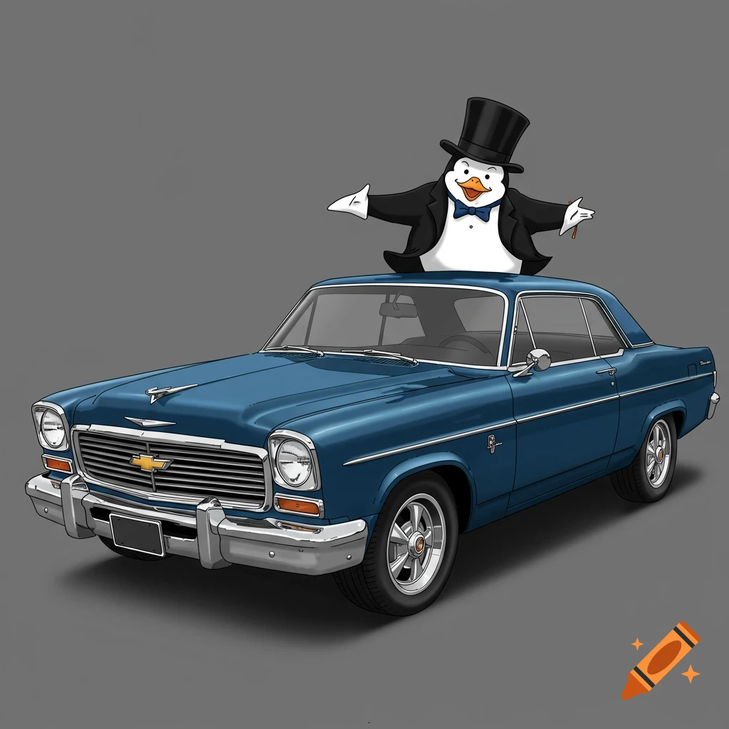 A cartoon penguin in a tuxedo on a blue vintage Chevrolet car.