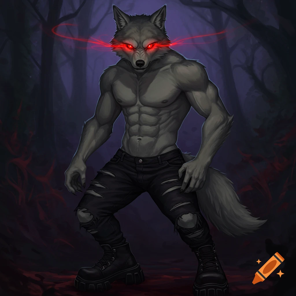 Muscular anthropomorphic grey wolf with glowing red eyes in ripped jeans stands in a dark forest.