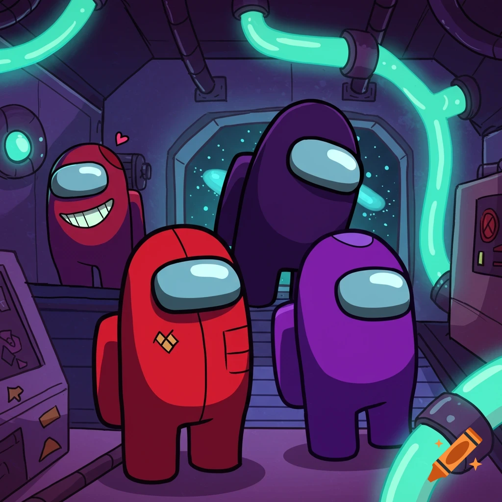 Four Among Us characters, red, purple, and dark purple, stand in a spaceship room with glowing green tubes. One red character in the background smiles.