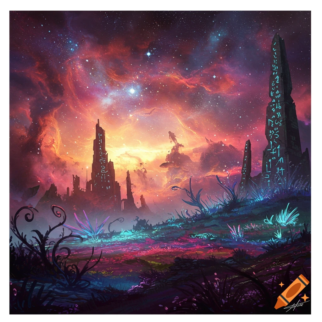 A vibrant fantasy alien landscape with glowing plants and cosmic sky.