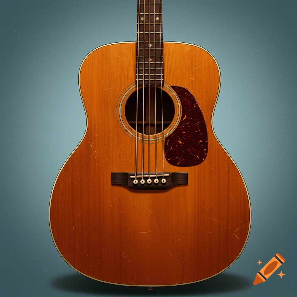 An acoustic guitar body with five strings and a pickguard