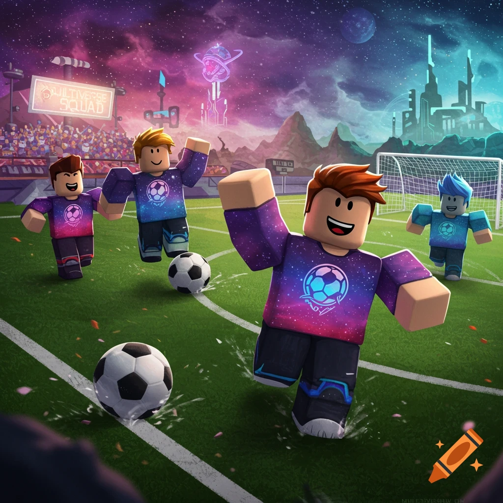 Roblox characters play soccer in a futuristic stadium under a starry sky, with a sign reading 'Multiverse Squad'.