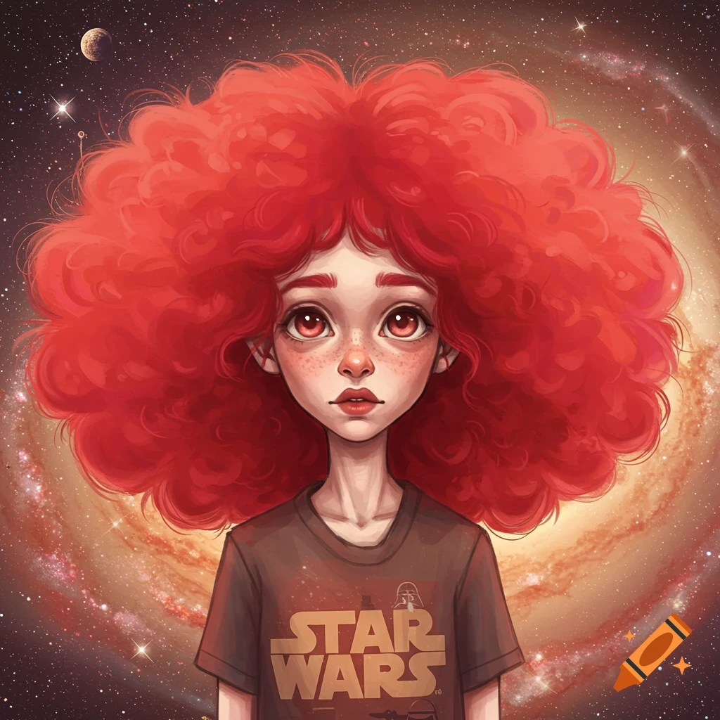 Stylized portrait of a person with red hair and a Star Wars shirt, against a galaxy