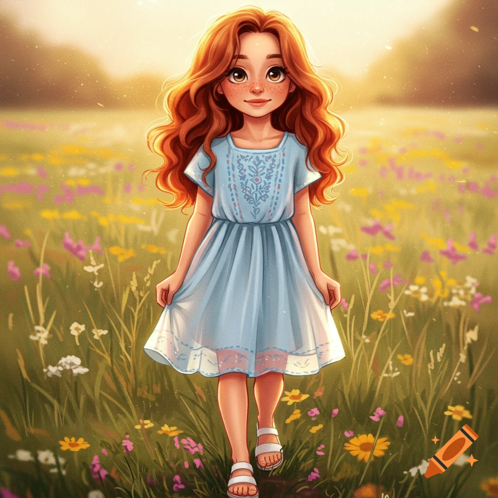 A girl with red hair is walking through a sunny field of flowers.
