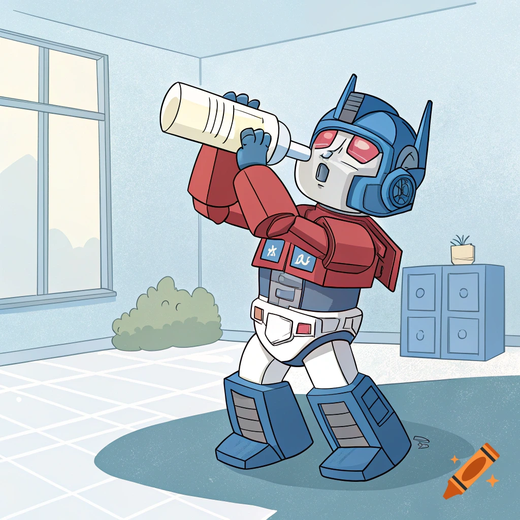 Cartoon illustration of Optimus Prime drinking a baby bottle and wearing a diaper.