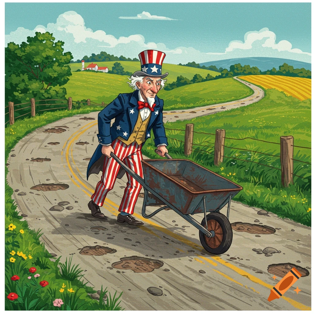 Uncle Sam pushing a wheelbarrow on a road with potholes in a rural landscape.