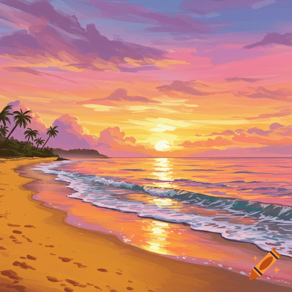 a beach at sunset with palm trees and waves.