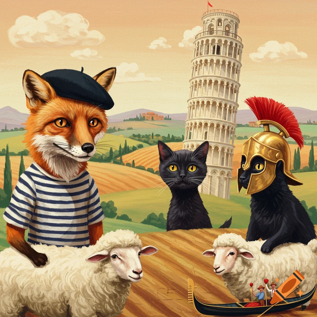A fox wearing a beret and striped shirt is with cats and sheep in an Italian landscape that includes the Leaning Tower of Pisa.