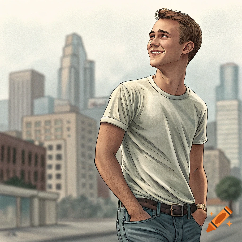 Young man smiling with hands in pockets in a city street, illustration style