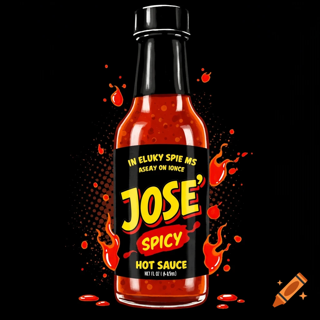Jose spicy hot sauce bottle with fire and sauce splatters on a black background.