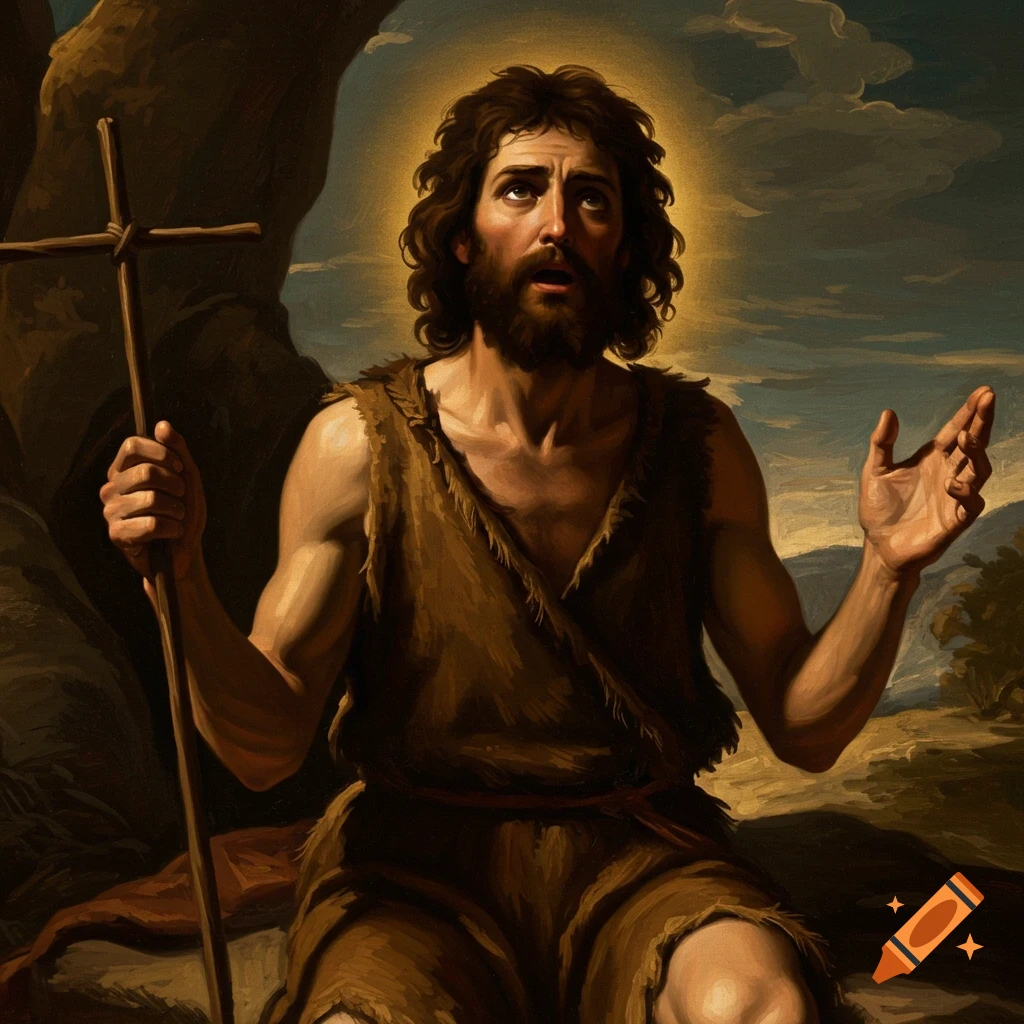 John the Baptist sitting in a wilderness landscape, looking up at a halo of light, holding a staff with a cross.