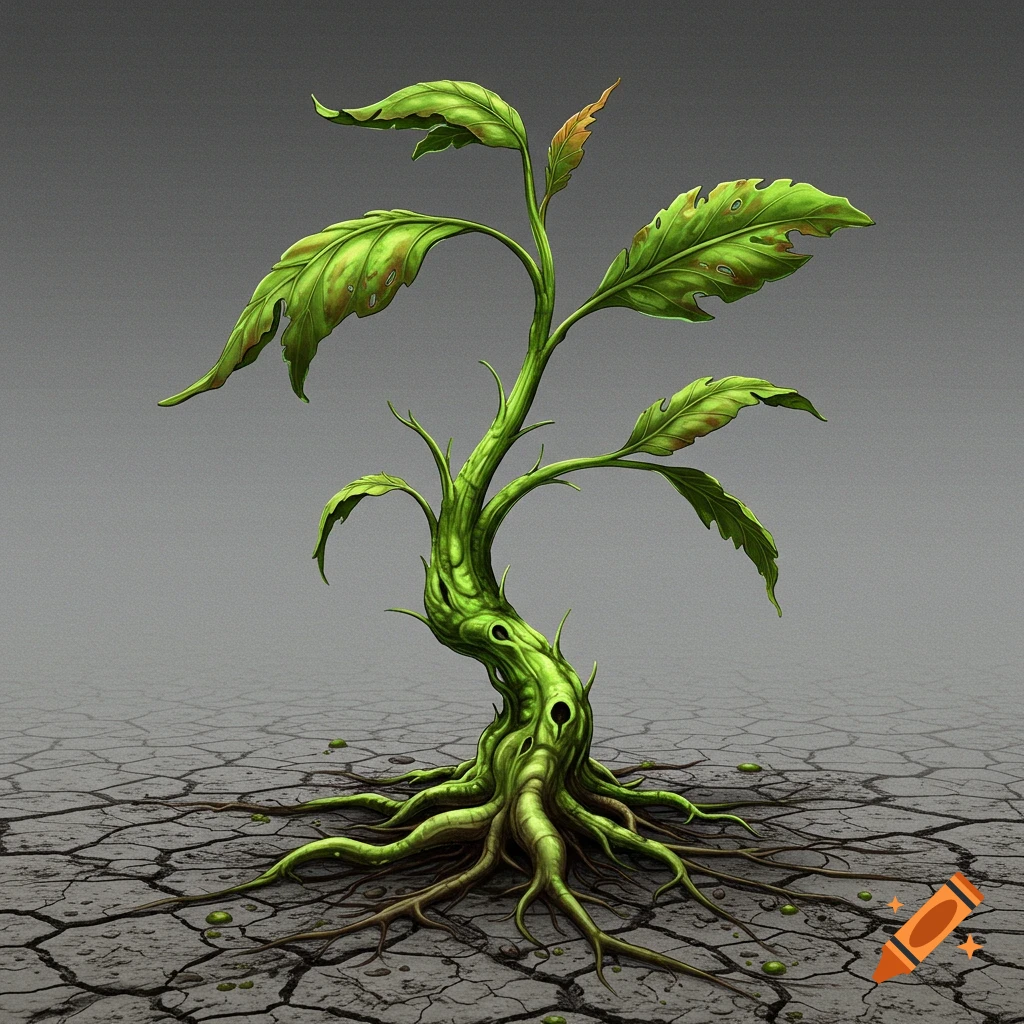 A gnarled green plant with large leaves and roots in dry cracked earth.