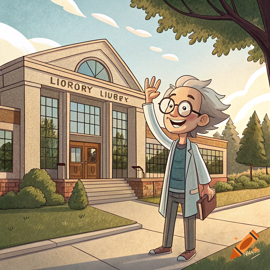 Cartoon character waving in front of a library building