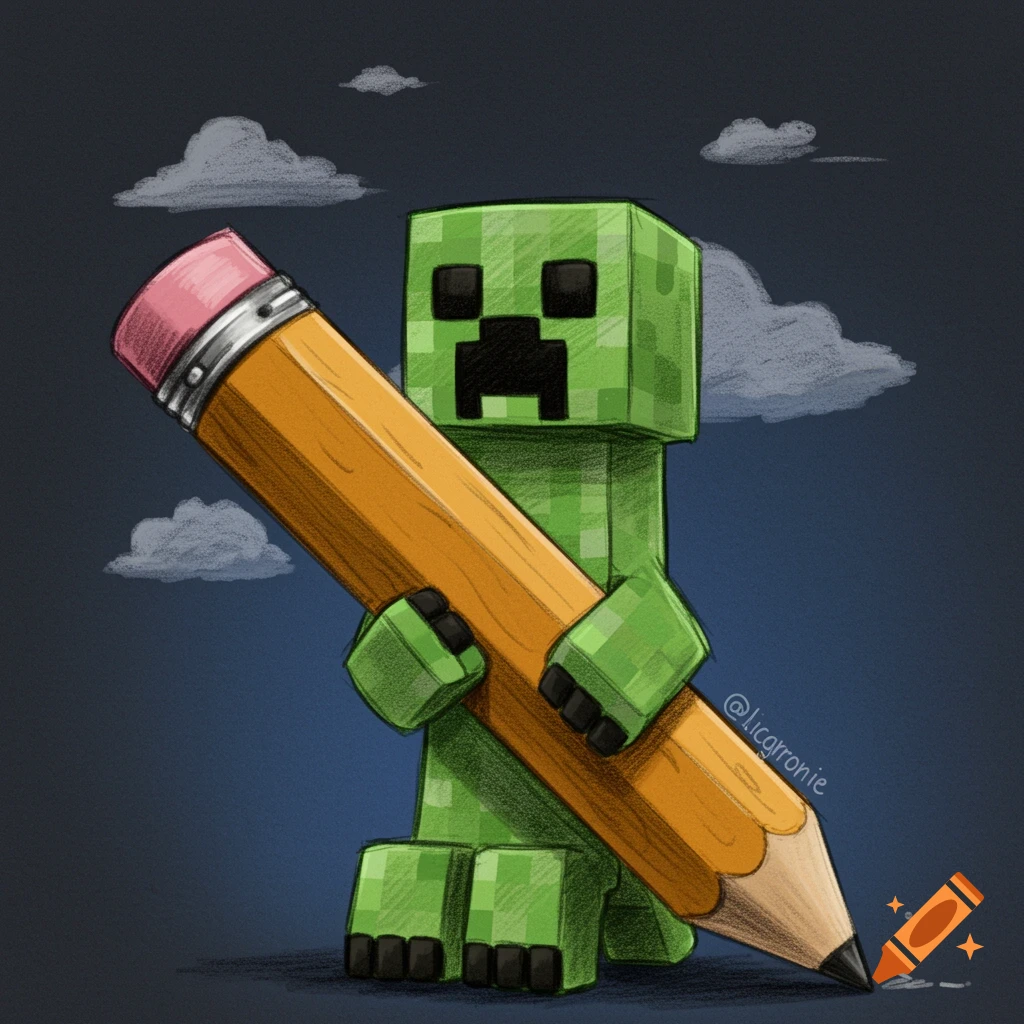 Minecraft Creeper holds a large pencil in a sketch style.